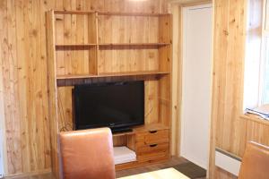 a living room with a tv on a wooden wall at Gjesvaer Fishing in Gjesvær