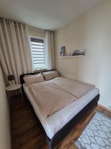 a bedroom with a large bed with a window at Ferienwohnung bei Lübeck in Lüdersdorf