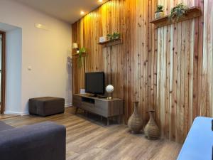 a living room with a tv and a wooden wall at Central House in Ribeira Grande