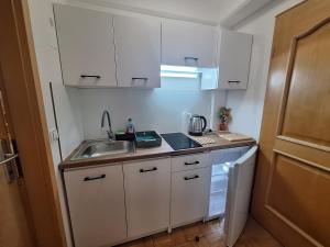 eine kleine Küche mit weißen Schränken und einer Spüle in der Unterkunft Mia apartment in Zreče