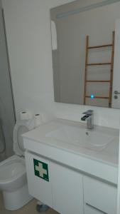 a bathroom with a sink and a toilet and a mirror at Casas Albano 1 in Caldas da Rainha +12 photos