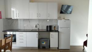 a kitchen with white cabinets and a refrigerator at Casas Albano 1 in Caldas da Rainha
