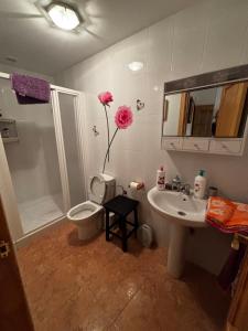 a bathroom with a sink and a toilet and a flower at Casa rural Chantal in San Martín de Trevejo +13 photos