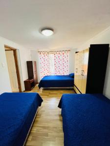 a bedroom with two blue beds and a window at Departamento Independiente Altavista Hostal- 6 personas in Rancagua