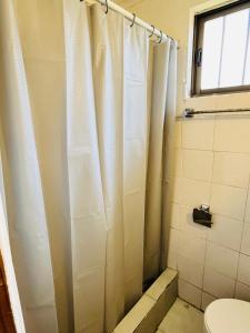 a bathroom with a shower curtain and a toilet at Departamento Independiente Altavista Hostal- 6 personas in Rancagua