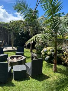 a garden with chairs and a fire pit and palm trees at Central House in Ribeira Grande