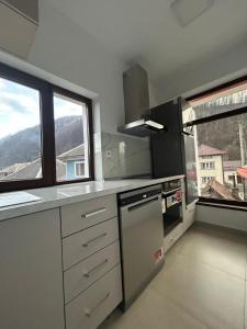 a kitchen with a stove top oven next to two windows at Roua Ilvei INN in Ilva Mică