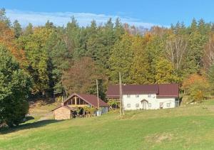 a white house on a hill in a field at Agrowinnica in Borzytuchom