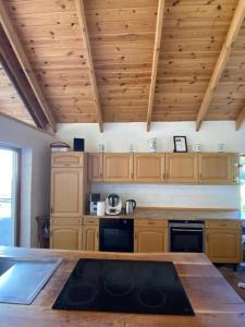a kitchen with wooden cabinets and a wooden ceiling at Agrowinnica in Borzytuchom +17 photos