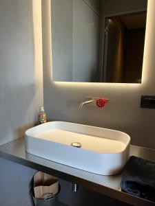 ein weißes Waschbecken in einem Badezimmer mit Spiegel in der Unterkunft Palare in Montone