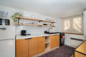 a small kitchen with wooden cabinets and a white refrigerator at Chata Jánošík in Terchová
