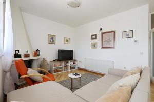 a living room with a white couch and a tv at Apartment Tea with Sea View in Petrcane