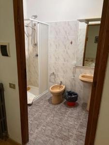 a bathroom with a shower and a toilet and a sink at Osteria dei Locandieri in Abbadia San Salvatore +42 photos