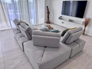 a living room with a couch and a flat screen tv at Appartement Mango in Rivière-Salée
