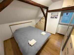 a small bedroom with a bed in a attic at Comfy Attic in Pančevo +18 photos