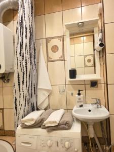a small bathroom with a sink and a washing machine at GreatHome Apartament in Zator +19 photos