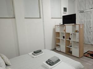 a bedroom with a bed and a tv on a shelf at Studio apartman Sokak in Bihać