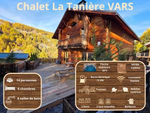 a large wooden house with a deck in front of it at Chalet La Tanière 14 Pers - piscine chauffée et sauna - Vars Saint Marcellin in Vars