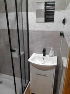 a bathroom with a sink and a shower at Apartament Przytulny in Ogrodzieniec +8 photos