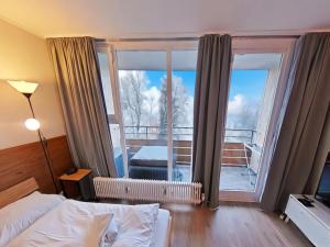 a bedroom with a bed and a large window at Appartement Serges mit Pool und Sauna in Freyung in Freyung +29 photos