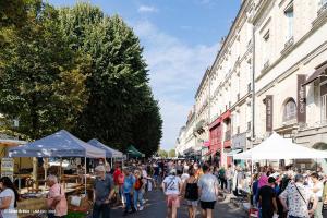 a crowd of people walking down a street in a market at Petit appartement centre historique Laval in Laval