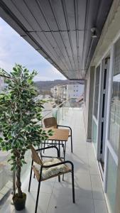 a balcony with two chairs and a table and a tree at Totall Panoramic Studio in Moreni