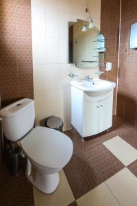 a bathroom with a white toilet and a sink at Sharkov Family Hotel in Ognyanovo