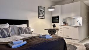 a bedroom with a bed and a small kitchen at Borg Areena - Stylish Studio Apt For 3 in Tampere