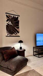 a living room with a couch and a flat screen tv at Borg Areena - Stylish Studio Apt For 3 in Tampere