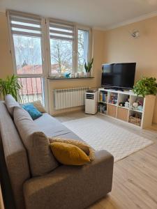 a living room with a couch and a flat screen tv at GreatHome Apartament in Zator