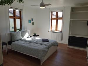 a bedroom with a bed and a fan and windows at STAY Billund in Vandel