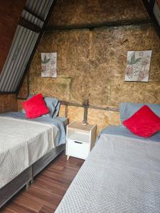 two beds with red pillows in a room at Salkantay Star Camp Chaullay in Colcapampa
