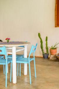 a table with two blue chairs and a table with cactus at Sabiá Hospedagem - São Jorge in Sao Jorge