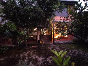 a backyard of a house at night with lights at Home Capybara Stay in Mindo
