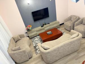 a living room with two chairs and a tv at Oasis Residence in Arusha