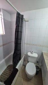 a bathroom with a toilet and a shower curtain at Dpto full amoblado en copiapo 4 in Copiapó