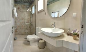 a bathroom with a sink and a toilet and a mirror at Muses Villas in Finikounta +52 photos