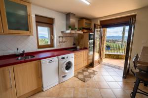 a kitchen with a sink and a washing machine at El Caracol azul del Plano in Siero