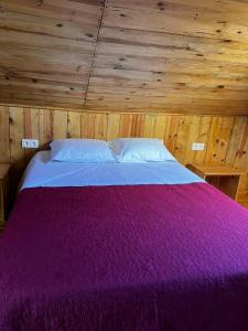 a bed in a wooden room with a purple blanket at Sailor Setubal in Setúbal