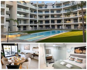a hotel with a swimming pool and a living room at Casa Anna - Velapi - Los Alcázares in San Javier