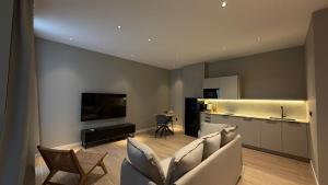 a living room with a couch and a kitchen at Suites 43 Juan Llorens in Valencia