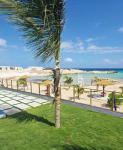 a palm tree in the grass next to a beach at Villa Elegance-3 min Walk to the Beach-20 mins to Ochi Rios in Richmond
