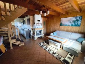 a living room with a couch and a kitchen at Domki Całoroczne Pod Lasem in Łobozew