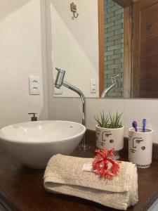 a bathroom counter with a sink and a mirror at Casa Filtro Morere in Cairu