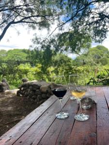 two glasses of wine sitting on a wooden table at Cabaña Lazarillo in Amaicha del Valle