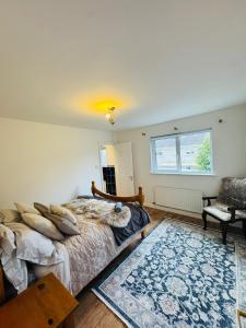 a bedroom with a bed and a window and a rug at The King's Imperial Suite in Drogheda