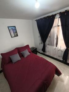 a bedroom with a large red bed with two pillows at Hospedaje Donde Jaime-Choachí in Choachí +6 photos
