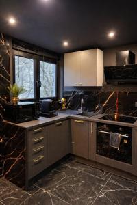 a kitchen with stainless steel appliances and granite counter tops at Paradise Room - Spa & Sauna de Luxe à Yutz in Basse-Yutz