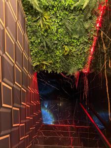 a bathroom with a tiled wall with plants at Paradise Room - Spa & Sauna de Luxe à Yutz in Basse-Yutz