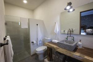 a bathroom with a sink and a toilet and a shower at Anae en ValQuirico in Santeagueda +29 photos
